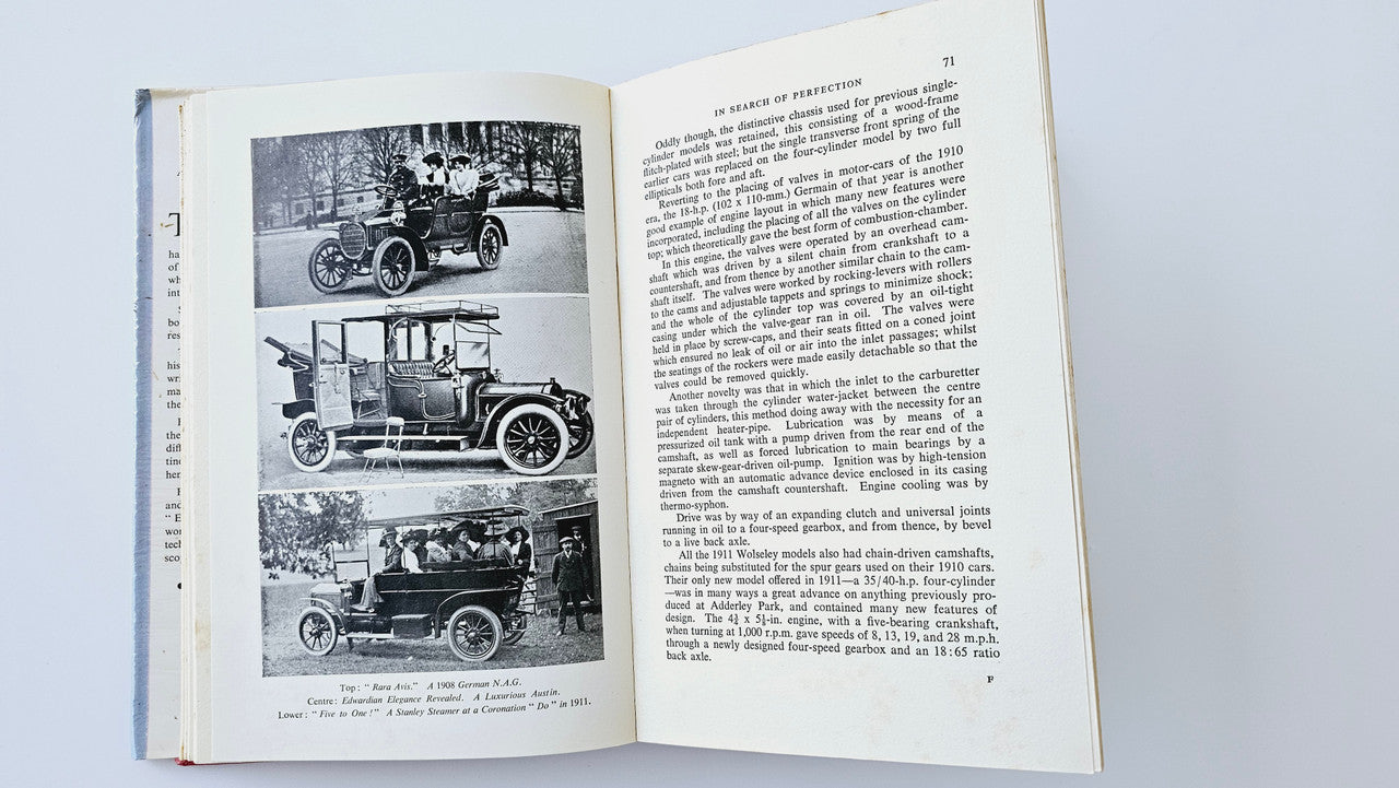 Open book spread with black-and-white vehicle photos on the left and paragraphs on right