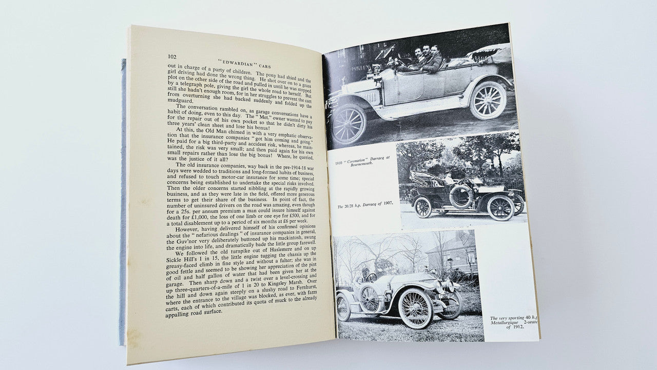 Open book with printed text and black-and-white car photo collage on right page