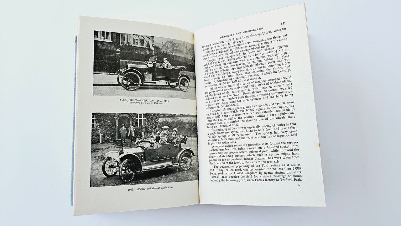 Open book spread with two black-and-white car photos on the left and text on right