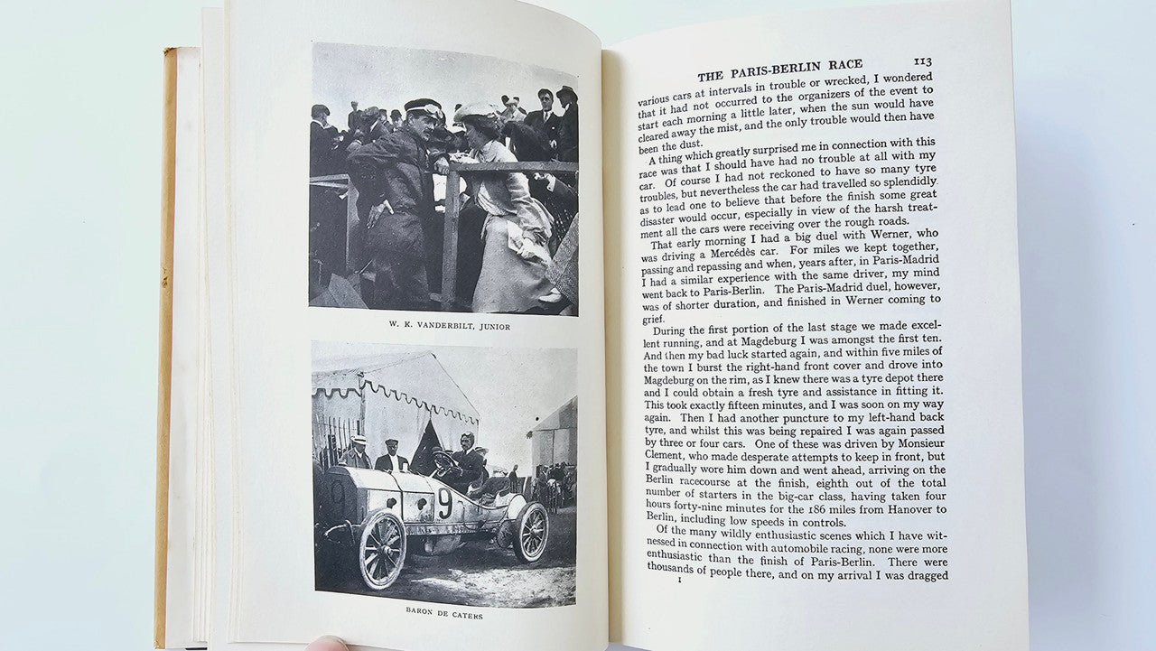 Open vintage book with two black-and-white photos and surrounding printed text.