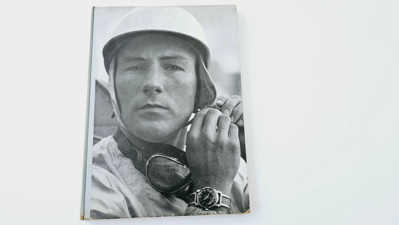 Auto racing photo book cover page with portrait man in helmet and headset
