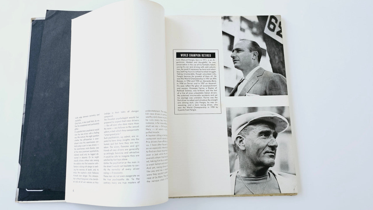 Open vintage auto racing book spread with portrait photos and dense captions