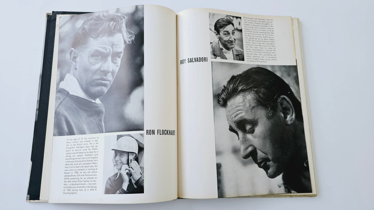 Open vintage auto racing book spread with black-and-white driver photos