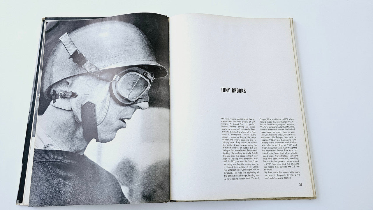 Racedrivers hardback book open to a racer portrait and a page titled “TONY BOOKS”