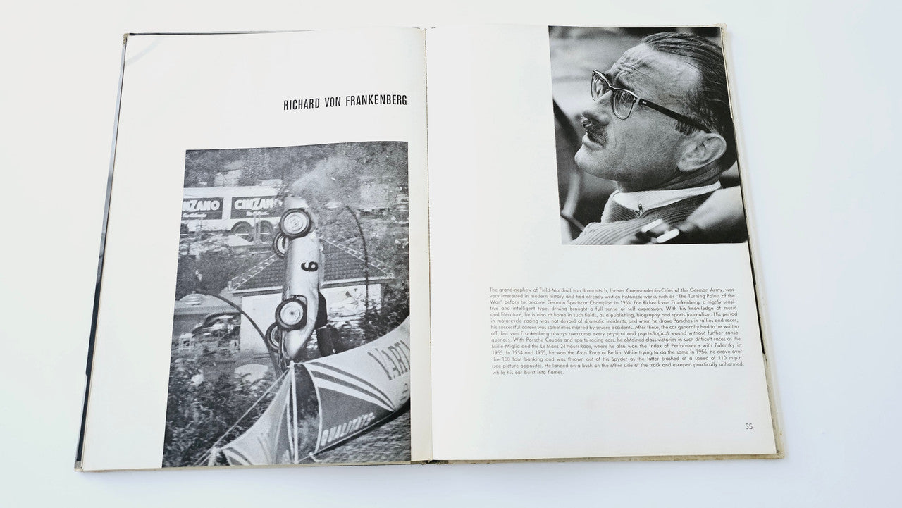 Racedrivers hardback book with open pages showing black-and-white race photos and text