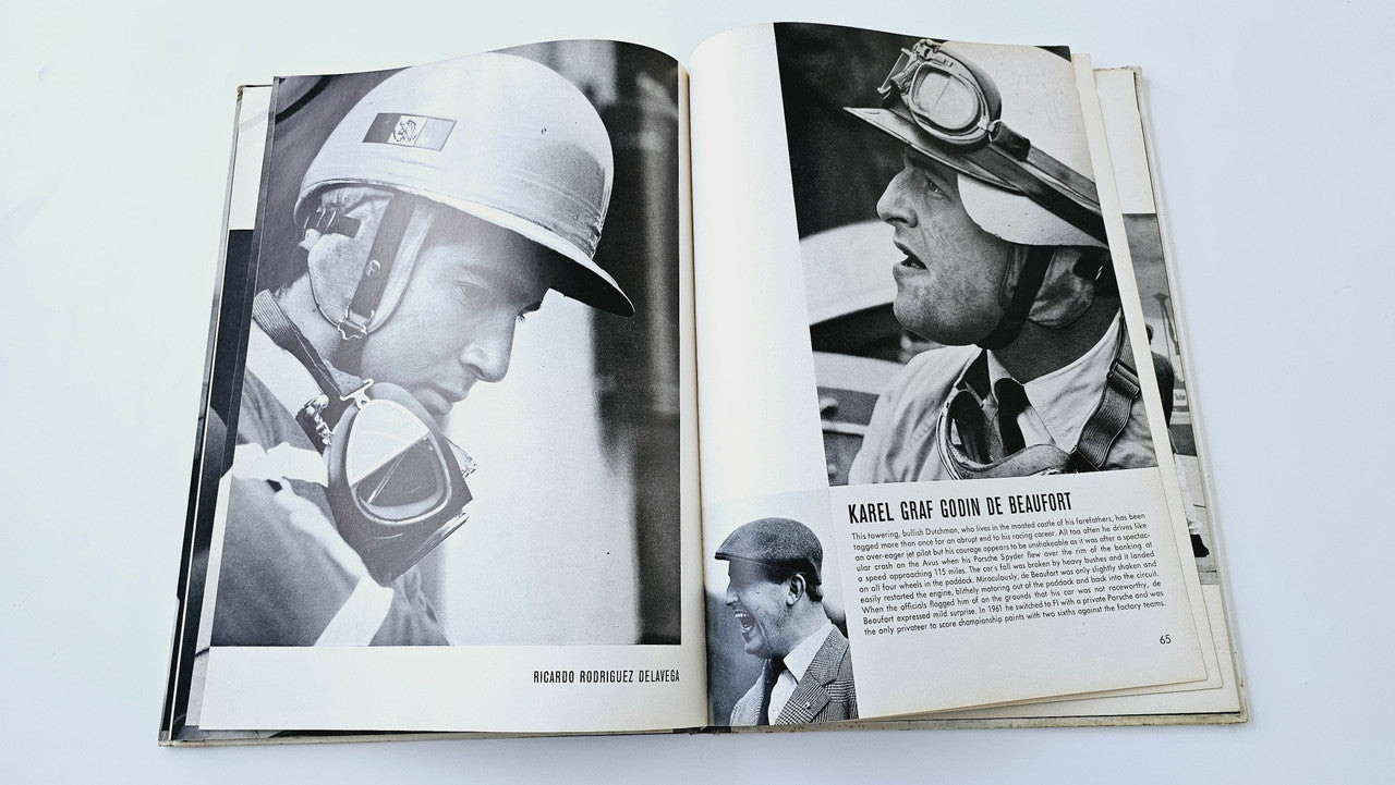Racedrivers hardback book open to racer portraits with captions on black-and-white pages