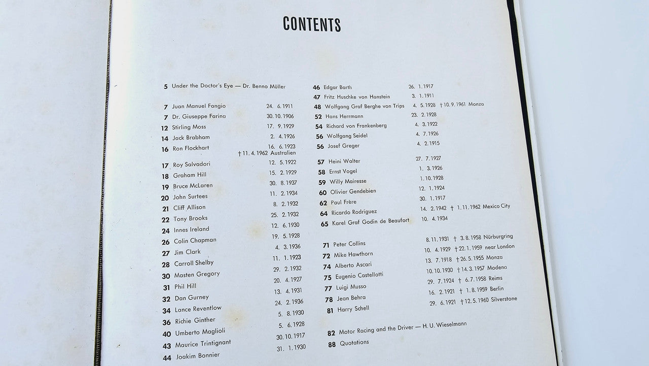 Racedrivers book open to contents page with “CONTENTS” heading and numbered entries