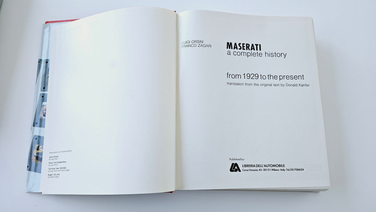 Maserati history book open to title page and publication credits