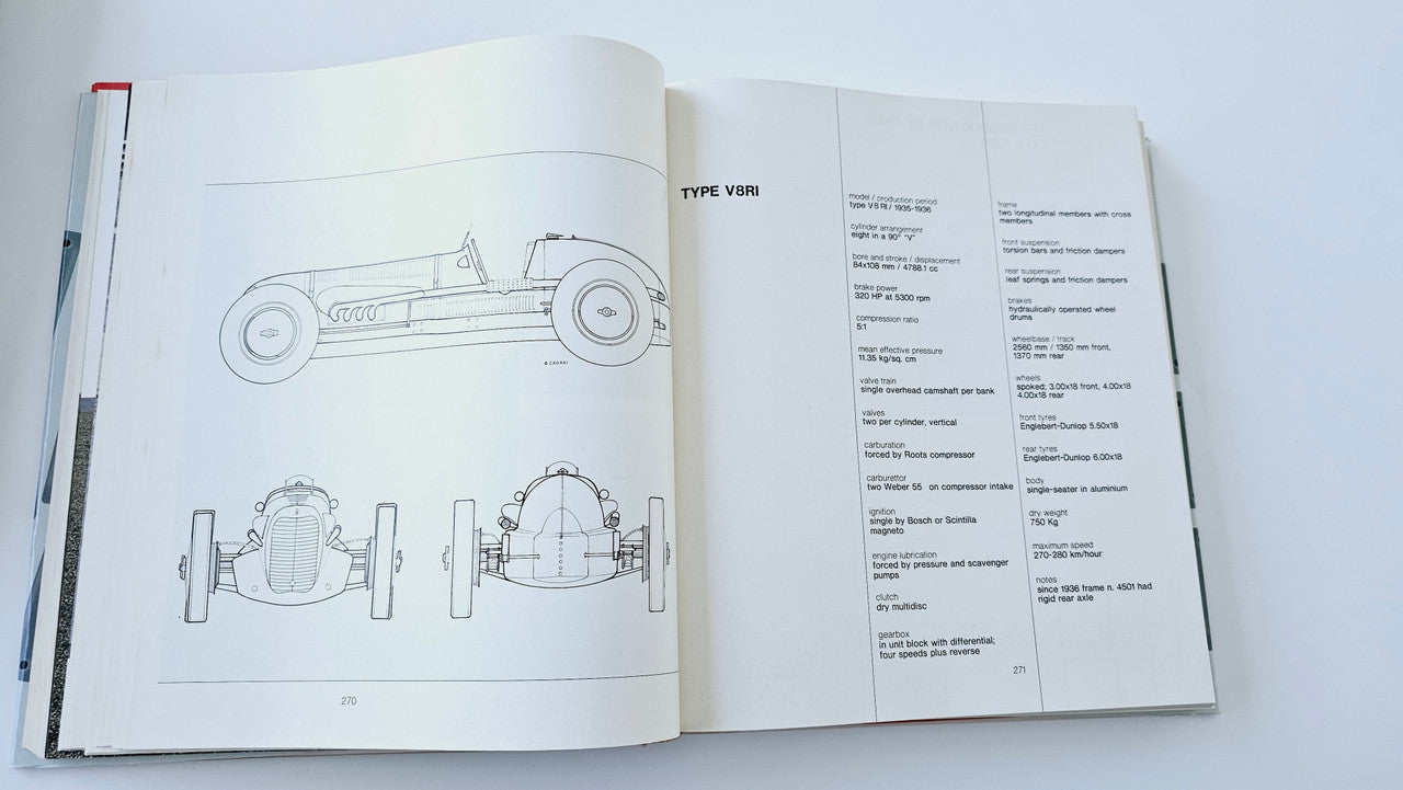 Maserati history book open to technical vehicle drawings and specifications