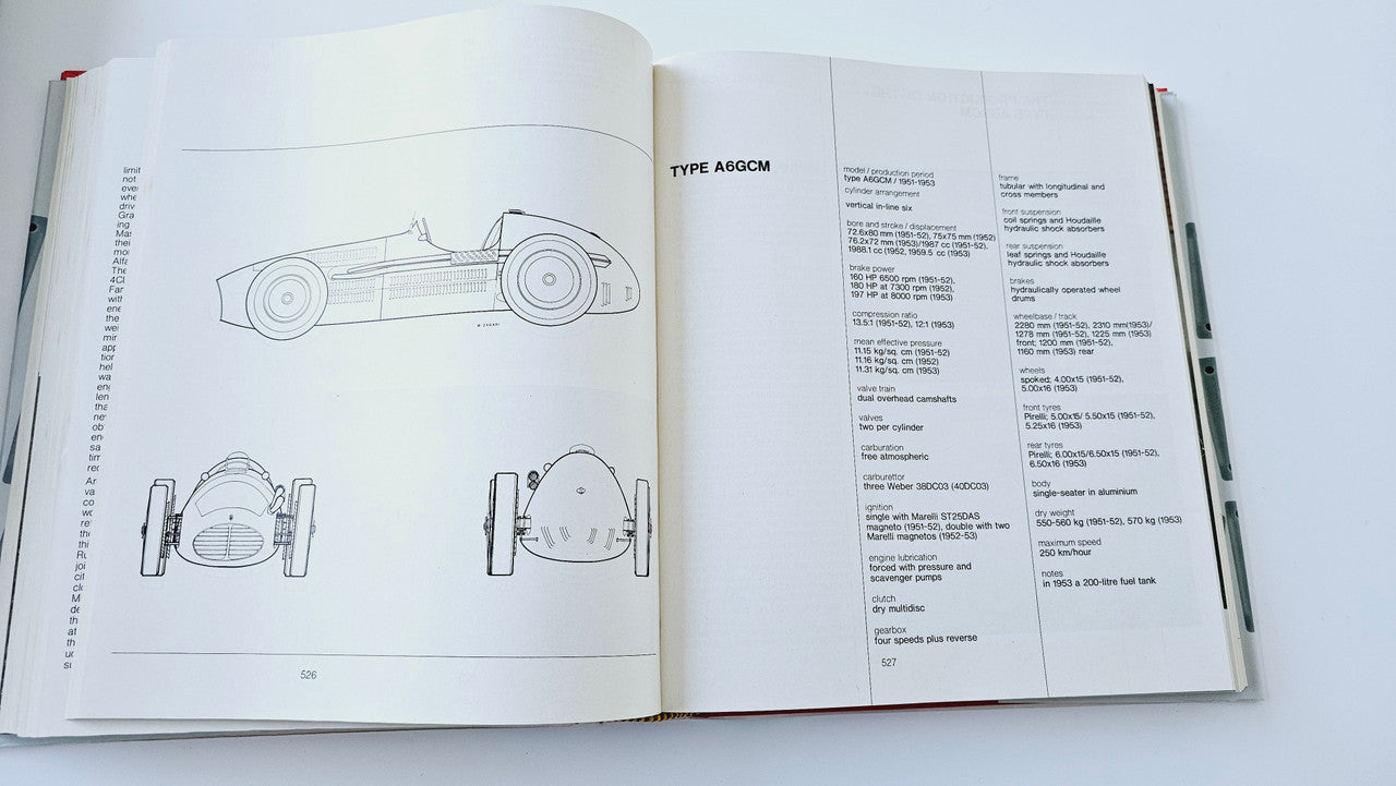 Maserati history book open to vehicle diagram pages with headings