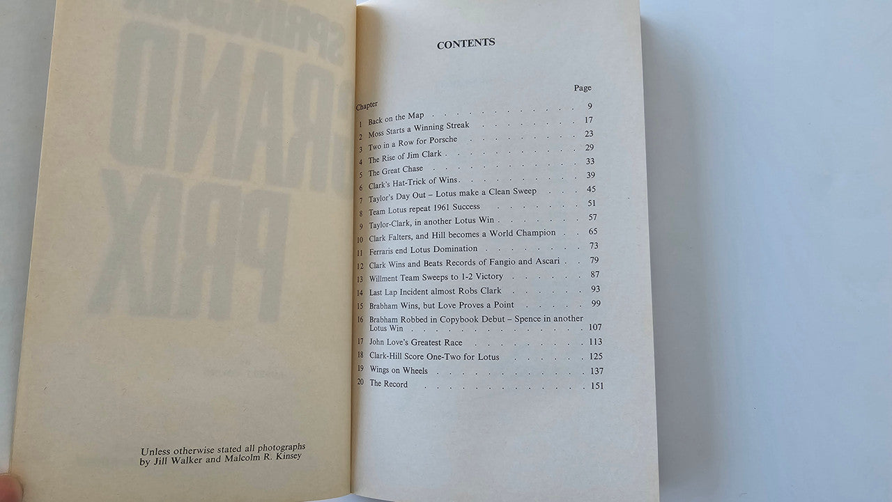 Motorsport book open to a contents page with numbered sections and headings.
