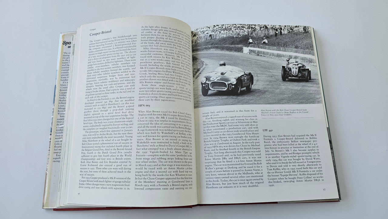 Open book spread with a racing photo on the right and text on both pages