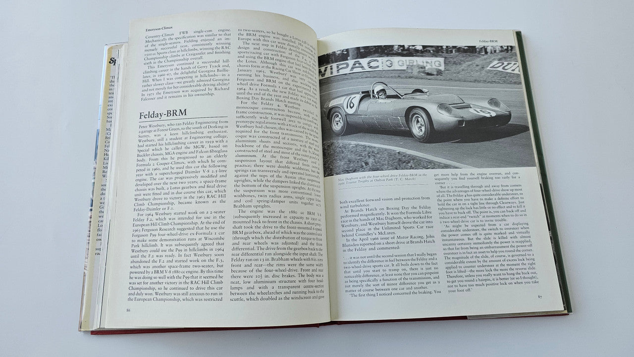 Sports racing book open to pages with black-and-white car photos and text