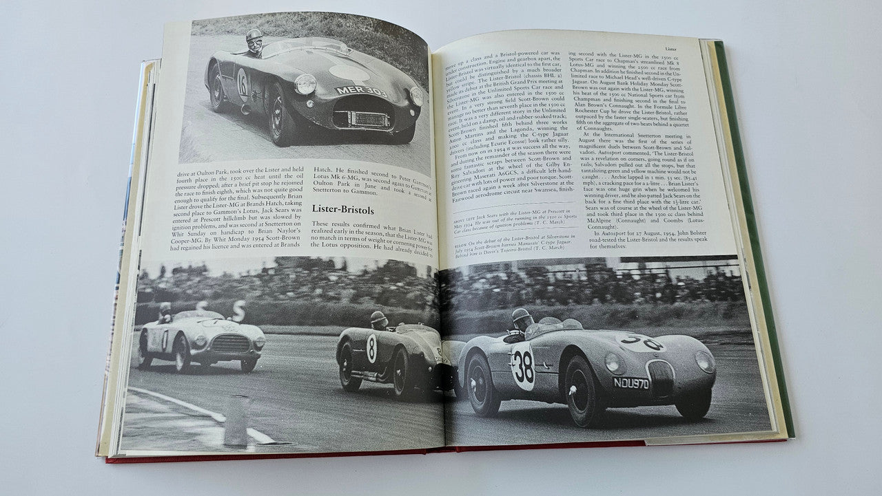 Sports racing book open to photo-heavy pages with classic race cars in grayscale