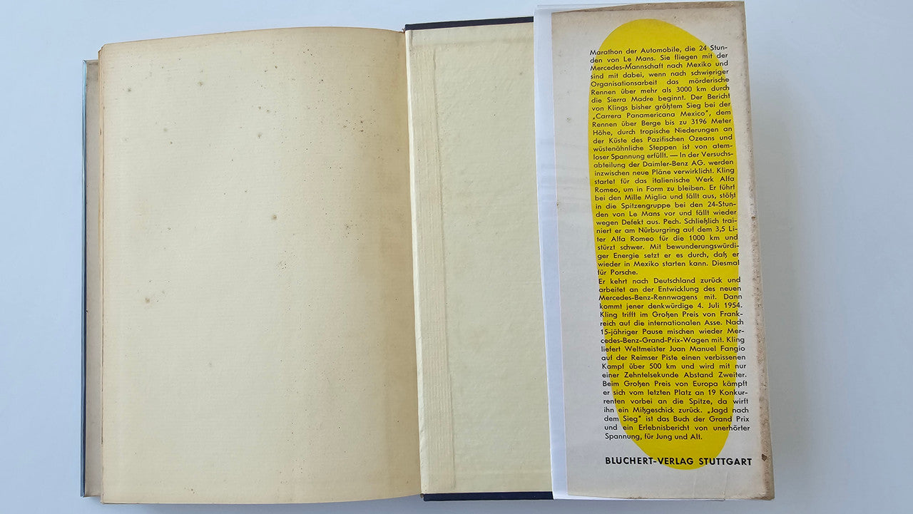 Chasing Victory open book with mostly blank left page and yellow text column on right
