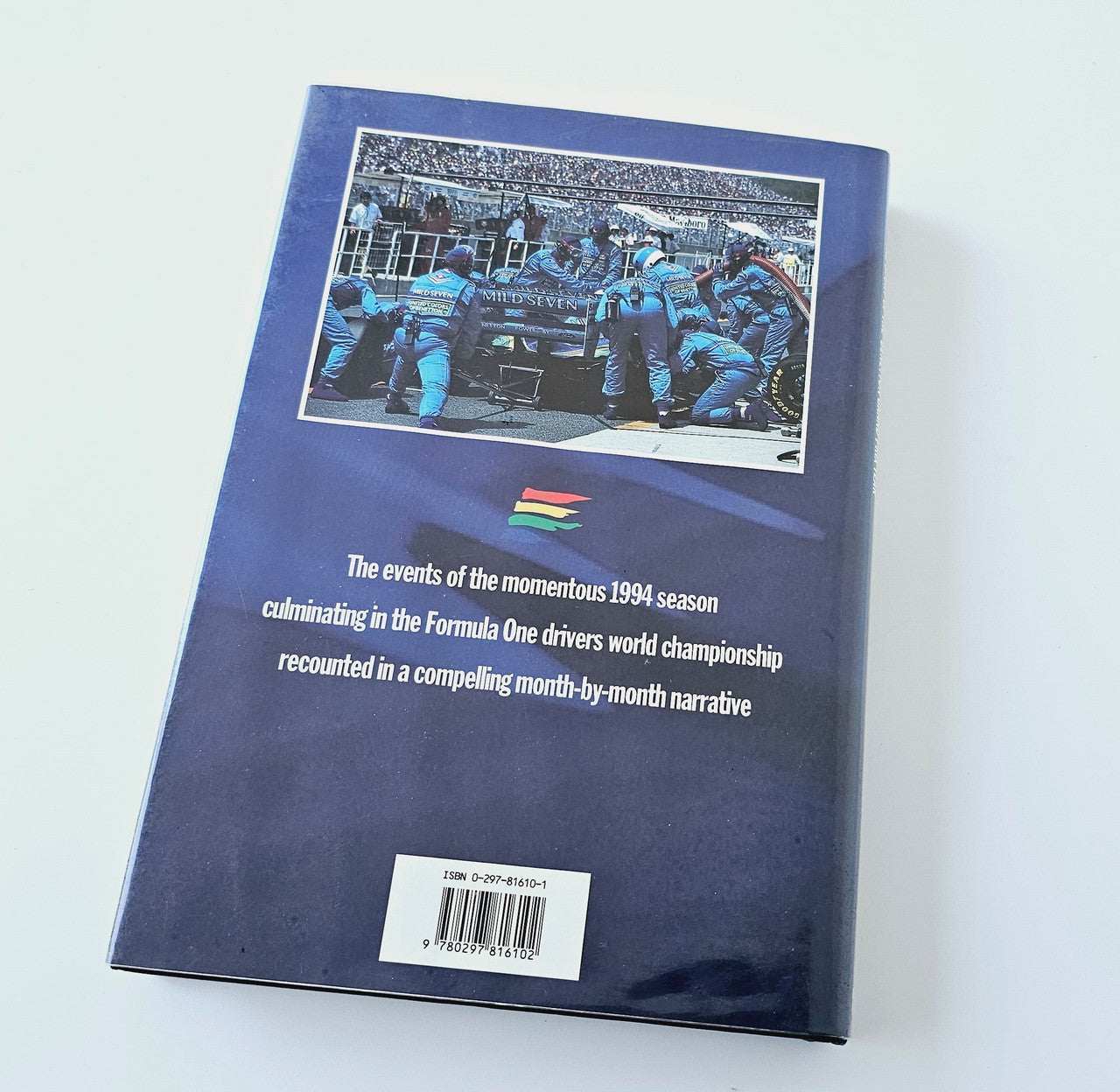 Motorsport biography book, back cover with event photo and barcode label