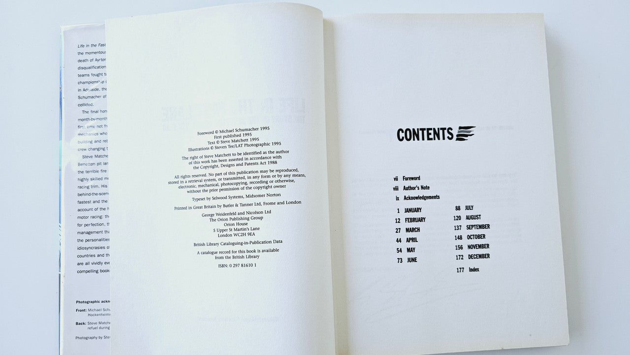 Book spread showing contents list on the right page