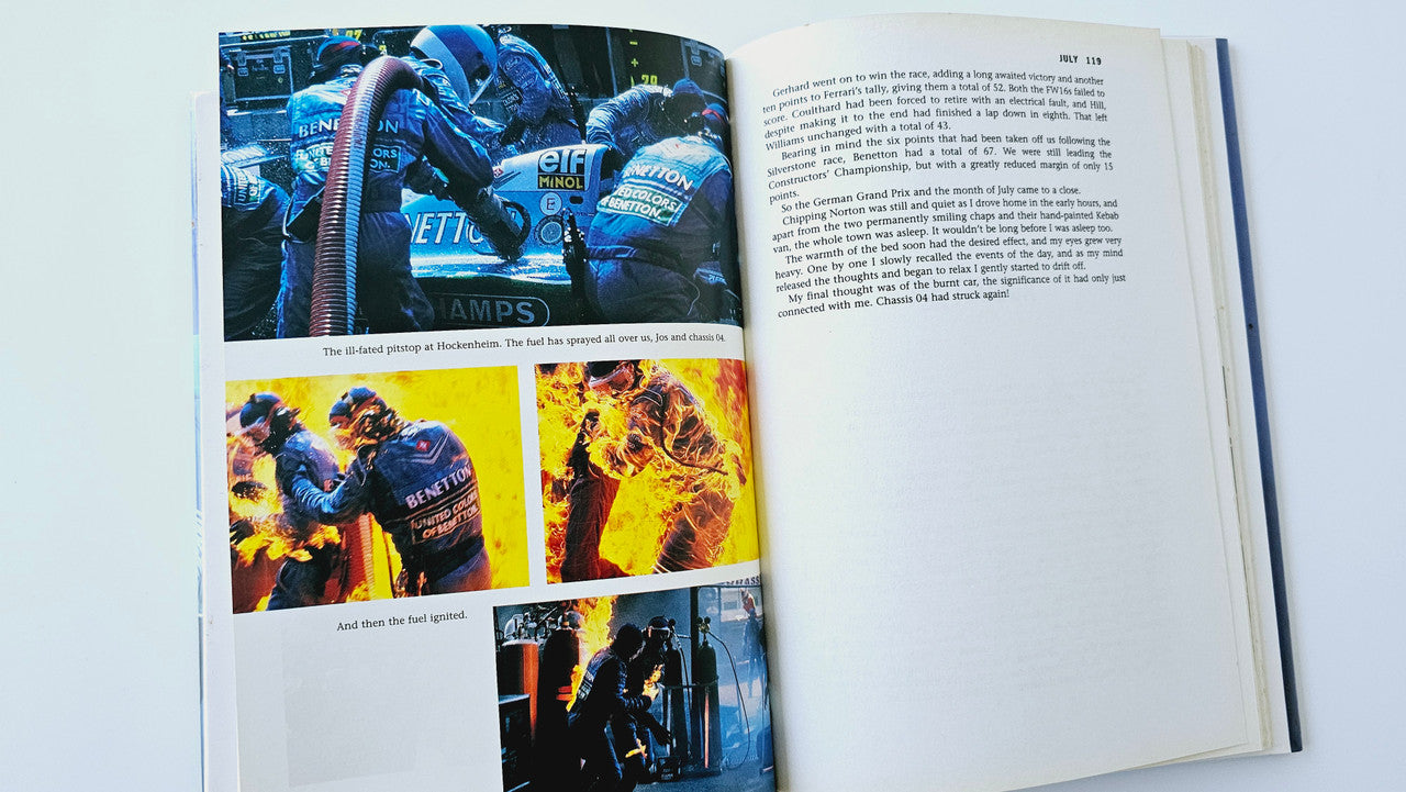 Open book with printed text and four racing photo collages on the left page