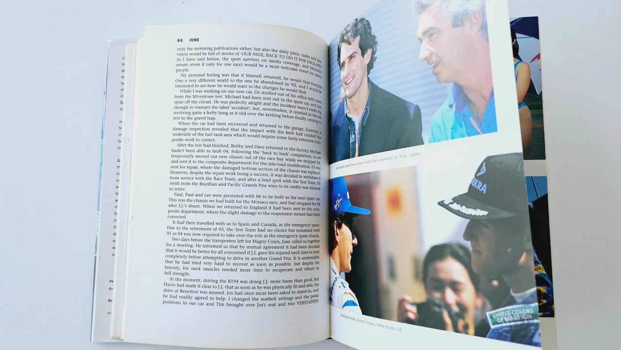 Book open to photo pages with people portraits and caption text