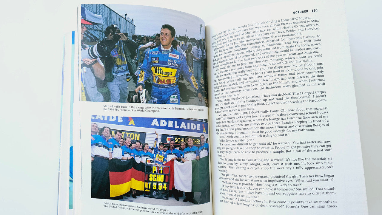 Book spread with racing team photos, banners, and caption text