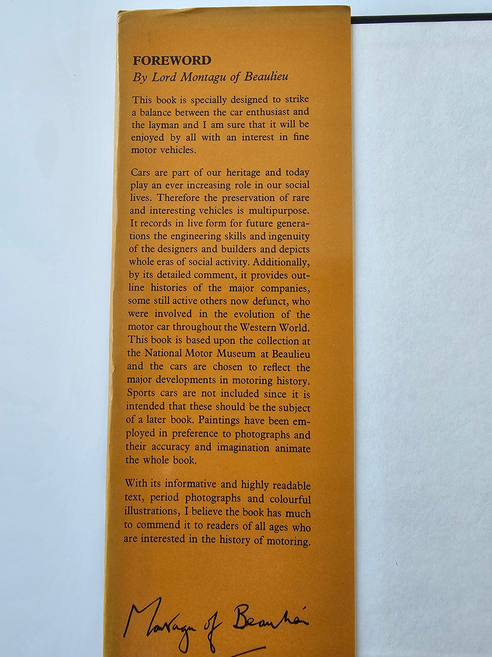 Foreword page in vintage motoring history book with printed text and signature