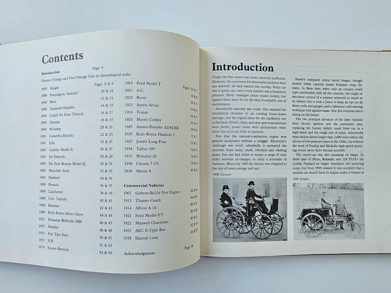 Open vintage motoring history book showing Contents and Introduction pages