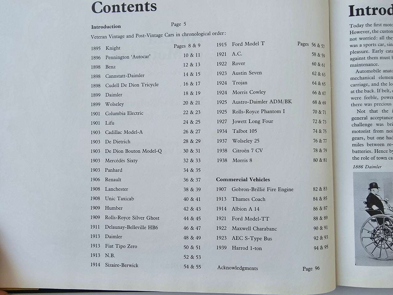 Contents page in vintage motoring history book with tabulated listings