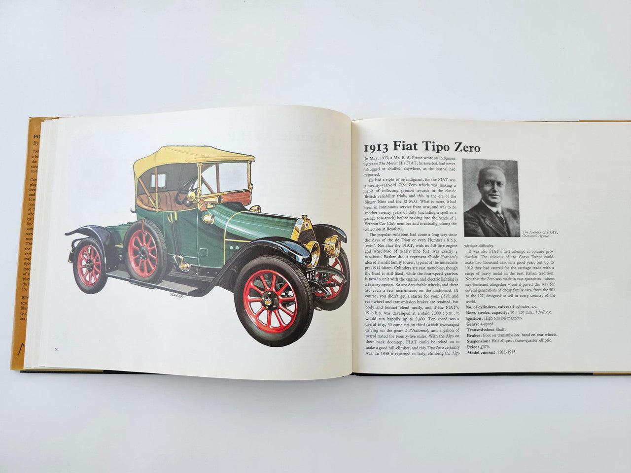 Open vintage motoring history book page with 1913 Fiat Tipo Zero car illustration