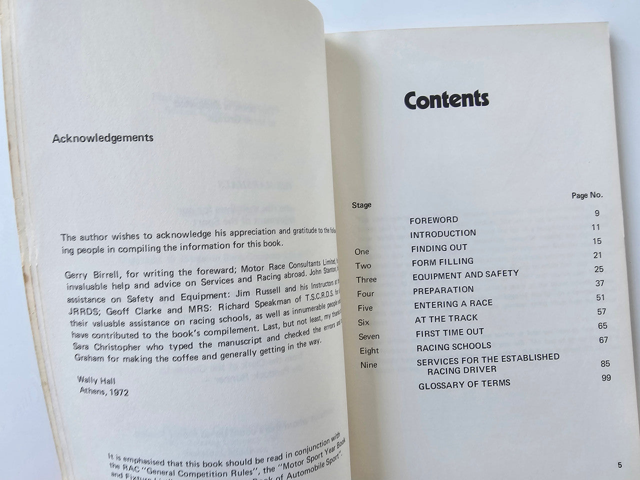 Motor racing guide book showing "Contents" and numbered section list on open pages