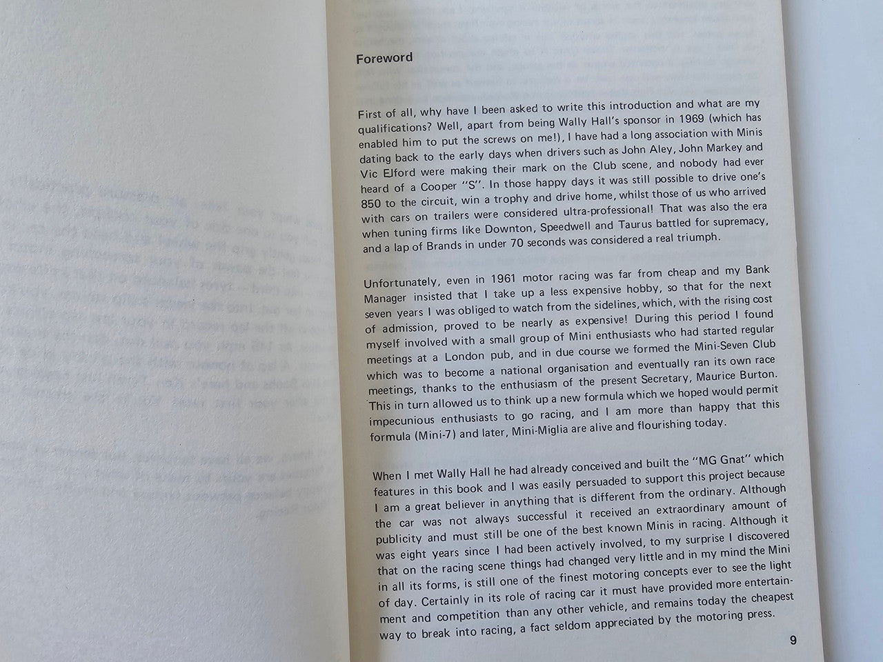 Motor racing guide book "Foreword" page with paragraphs of author writing