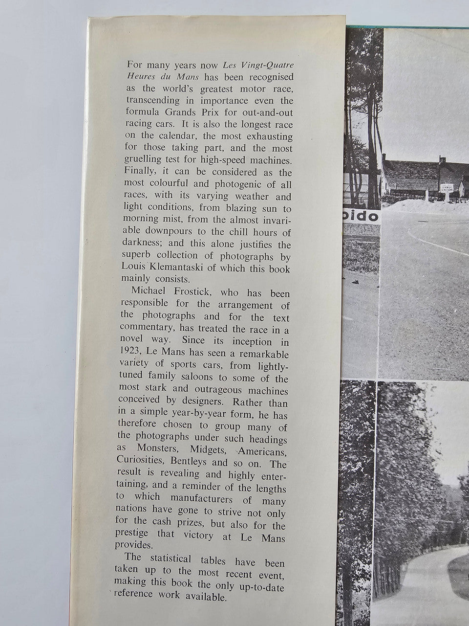 Vintage motoring book page with long text and vertical roadside photo strip