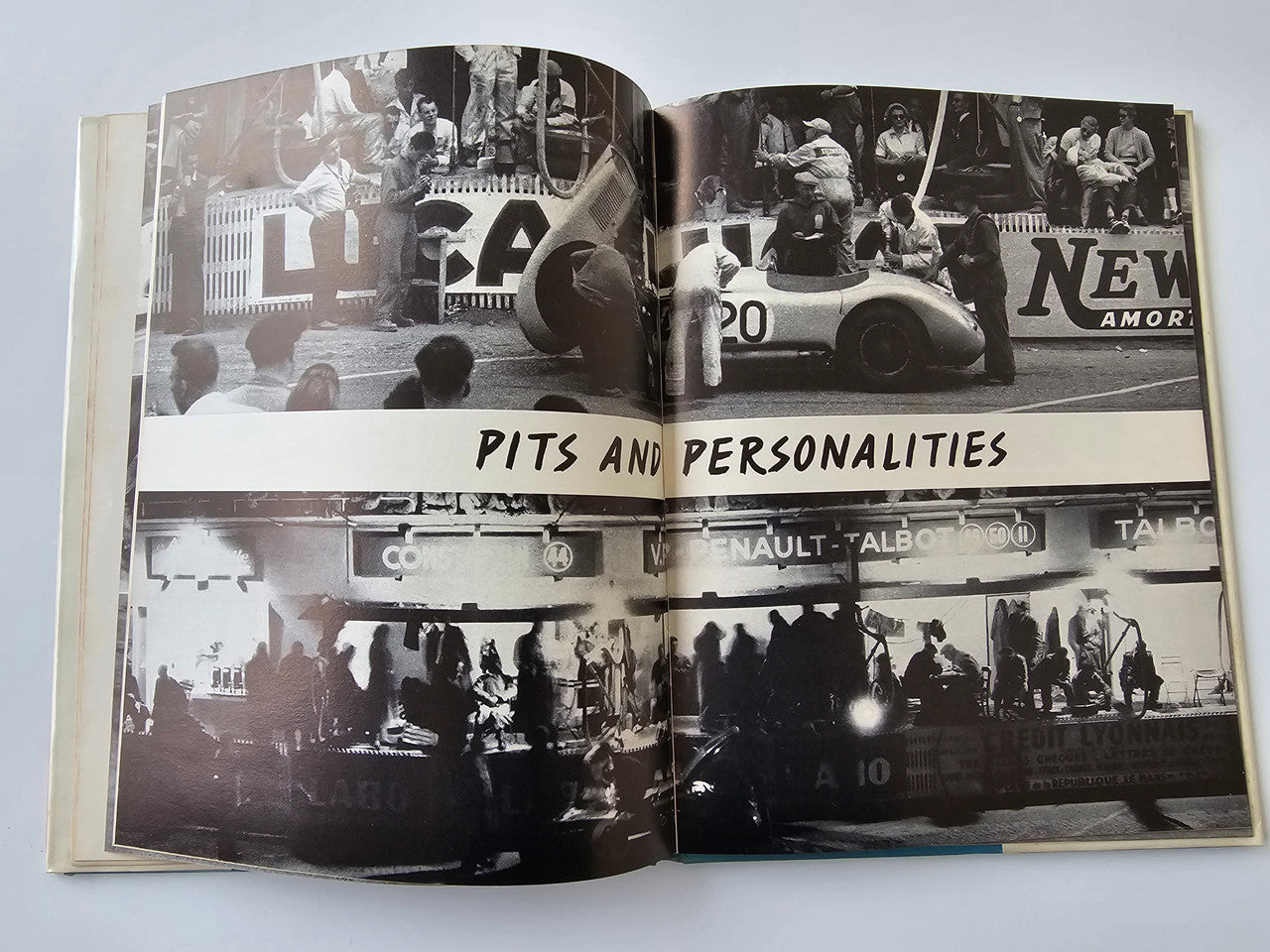 Vintage motoring book open to photo collage with headline reading "PITS AND PERSONALITIES"
