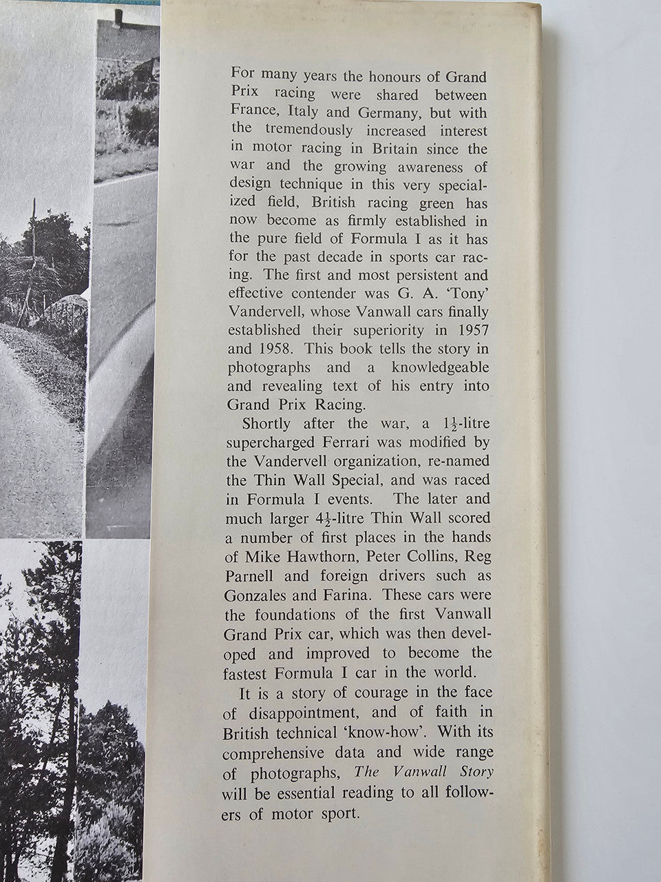 Vintage motoring book page with dense text and narrow vertical black-and-white car photo