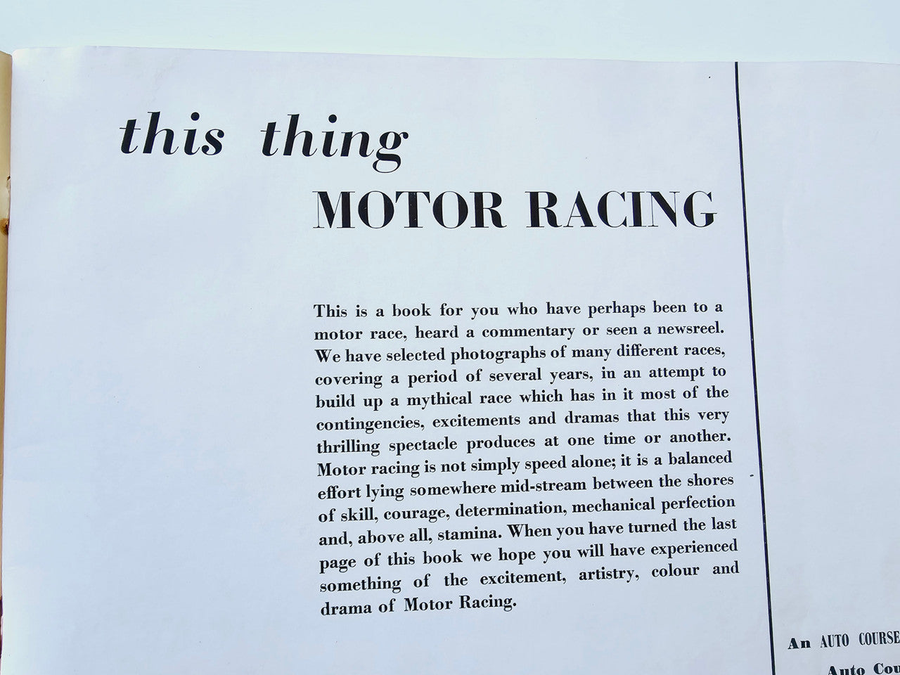 Open book page titled “this thing MOTOR RACING” with introduction text and page border.