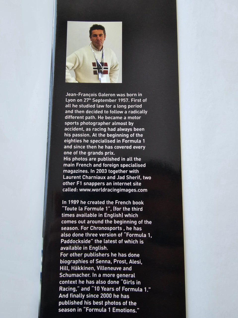 Motorsport guidebook back cover with author photo and biography paragraph text
