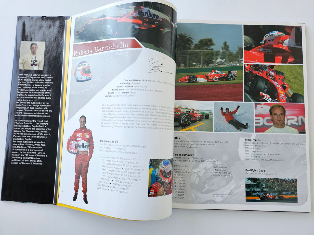 Open guidebook spread with driver portraits and colorful race action photos