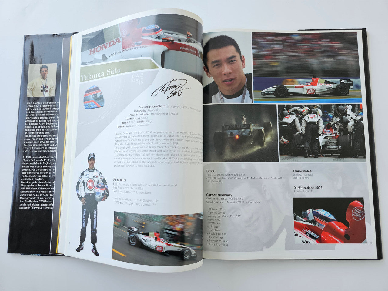 Open guidebook spread with driver portrait, race photos, and section text