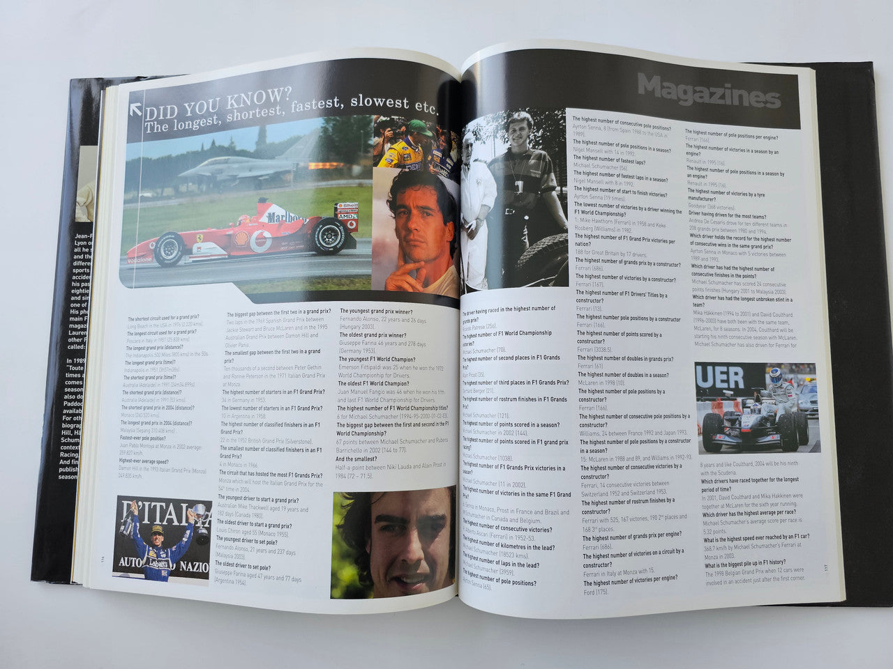 Open guidebook spread with racing image, magazine-style lists, and photo thumbnails