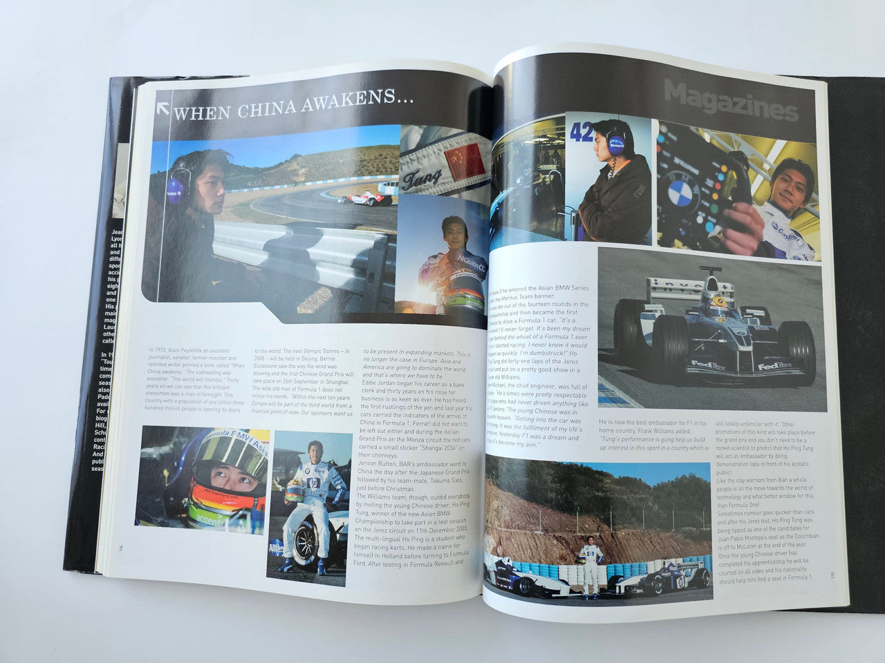 Motorsport season book, open spread with race photos, people, and event pages