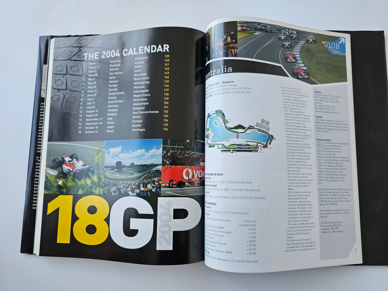 Motorsport season book, open spread showing race calendar with large “18 GP” heading