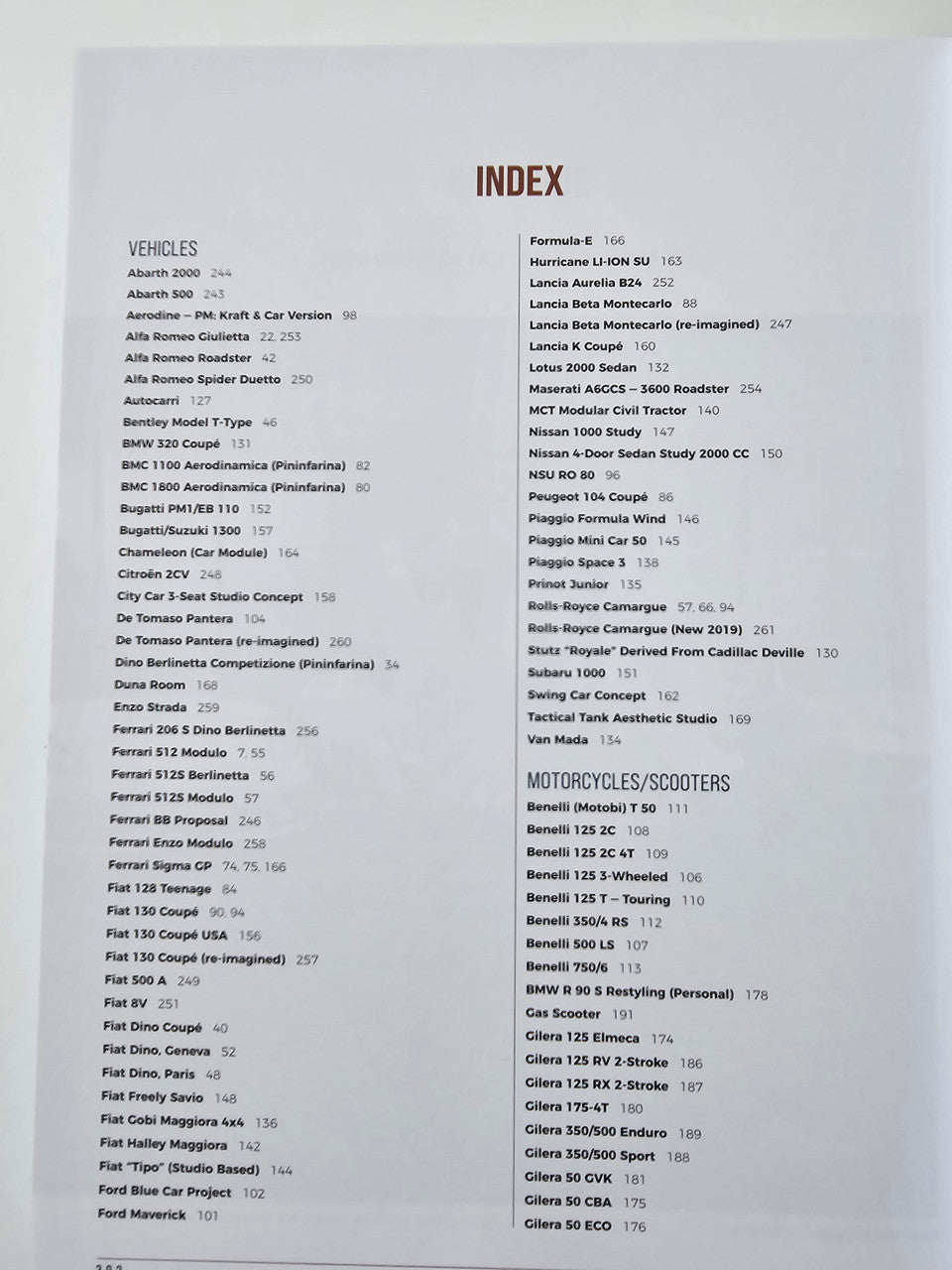 Book index page titled INDEX with two-column vehicle listings
