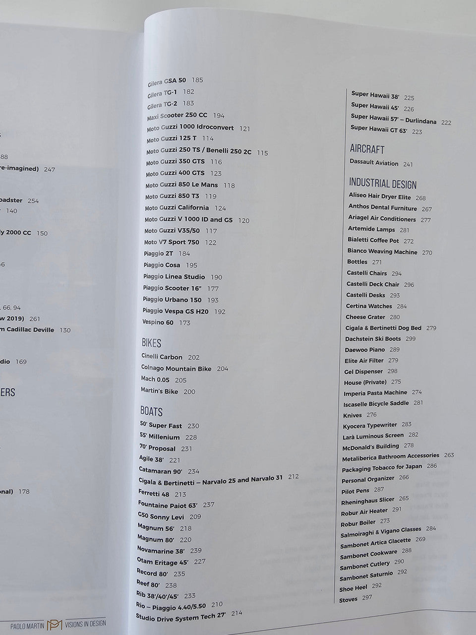 Book index page with category headings for bikes, boats, and aircraft