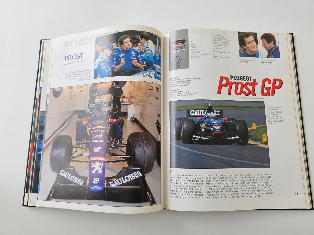 Racing season book opened to driver and team pages with race track photography