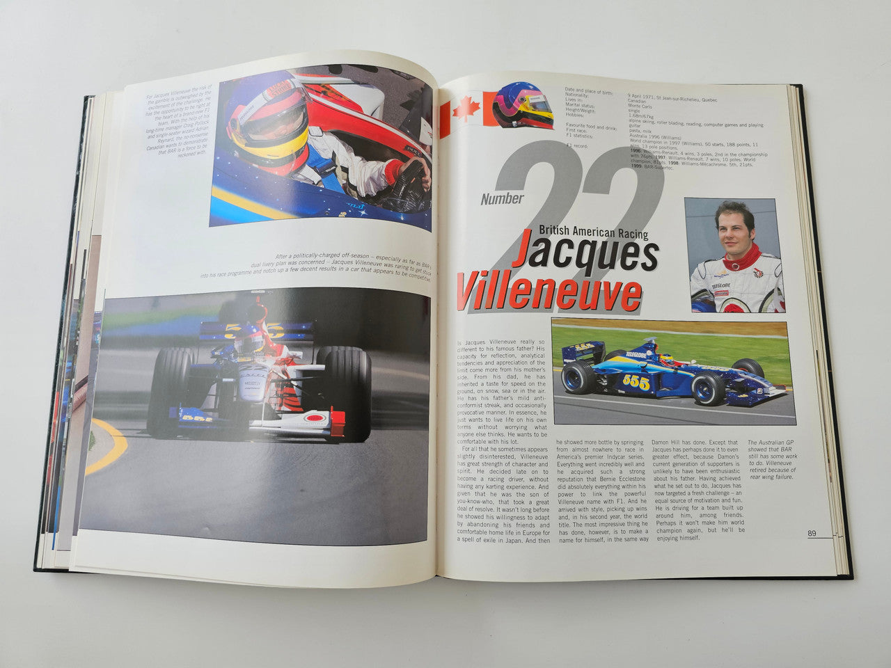 Racing season book opened to driver feature pages with race car and portraits