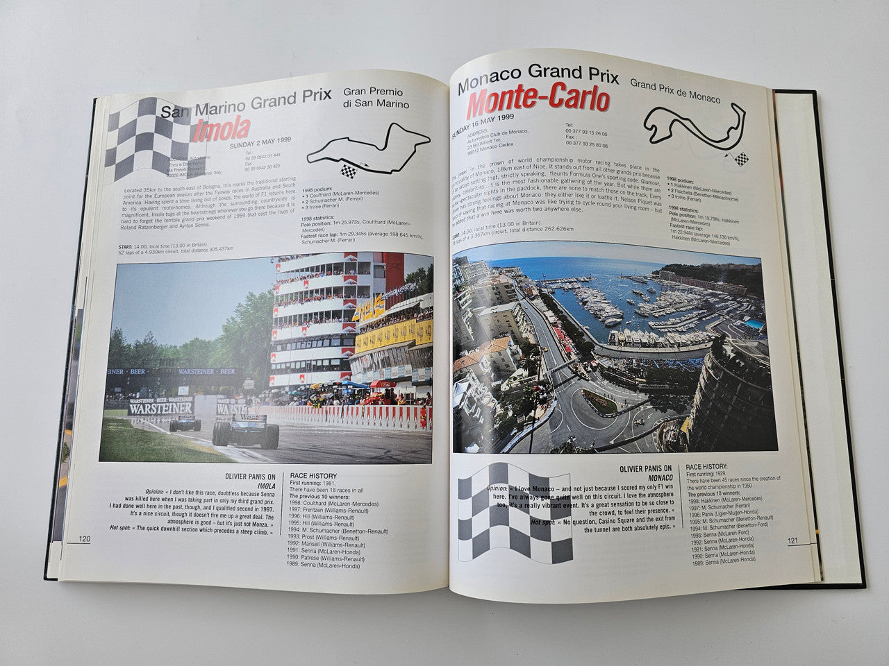 Racing season book opened to Grand Prix event pages with track and crowd photos