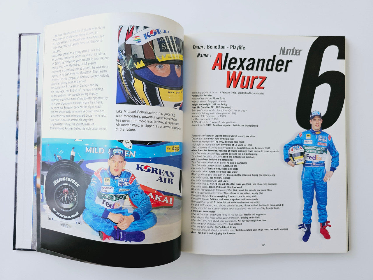 F1 driver profile spread for Alexander Wurz, with number 6 and racing photos