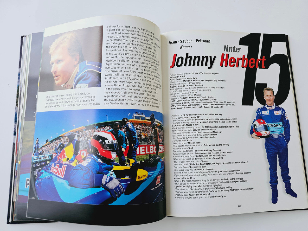 F1 driver page for Johnny Herbert, number 15, with track and car photographs