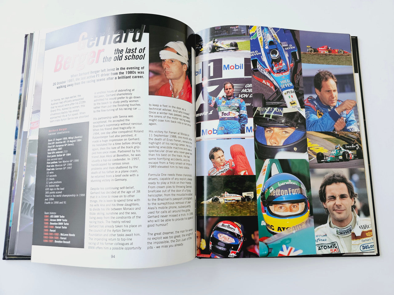 Racing book spread with driver biography text and photo collage page