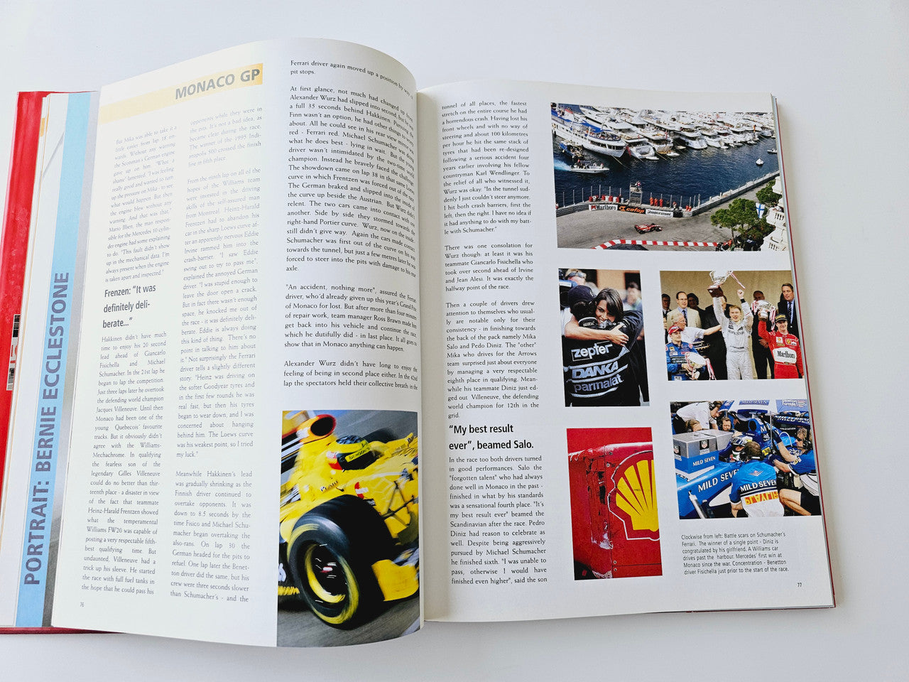 Open Monaco GP book spread with text pages and car and pit photos