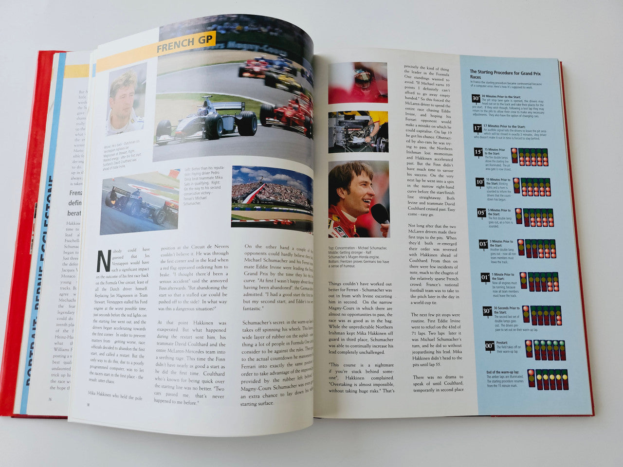 Open French GP book spread with race photos and a column of colored results blocks